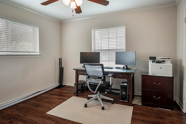 office with ceiling fan, crown molding, and dark hardwood / wood-style flooring