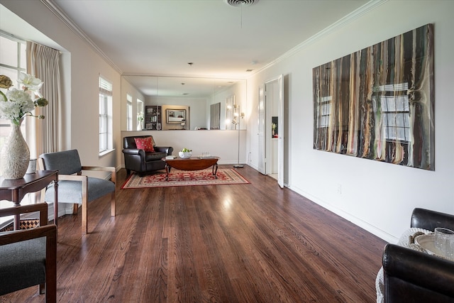 interior space with crown molding and dark hardwood / wood-style flooring