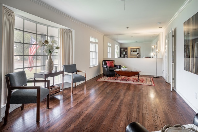 living area featuring ornamental molding, dark hardwood / wood-style flooring, and a healthy amount of sunlight