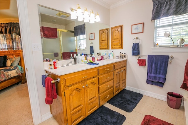 bathroom featuring crown molding, vanity, and tile flooring