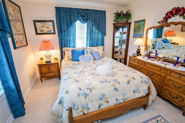 carpeted bedroom with crown molding