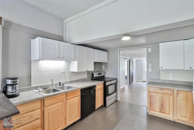 kitchen with light brown cabinets, sink, tasteful backsplash, dishwasher, and stainless steel electric stove