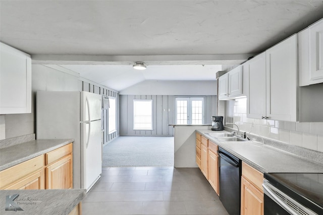 kitchen with dishwasher, white refrigerator, light brown cabinets, sink, and white cabinetry