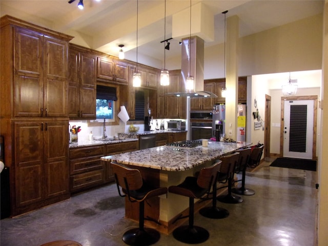 kitchen with a kitchen bar, a kitchen island, island exhaust hood, stainless steel appliances, and light stone countertops