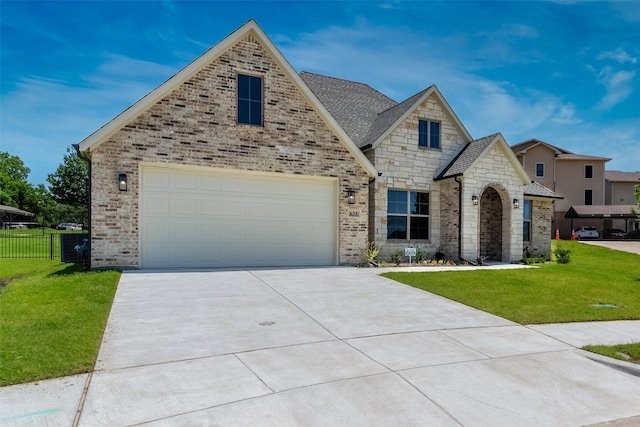 view of front of property with a front lawn and a garage