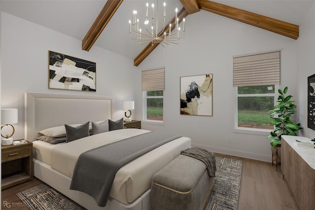 bedroom featuring vaulted ceiling with beams, hardwood / wood-style floors, and an inviting chandelier