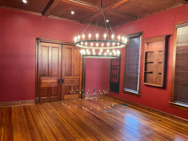 empty room featuring an inviting chandelier, wood ceiling, dark wood-type flooring, and coffered ceiling