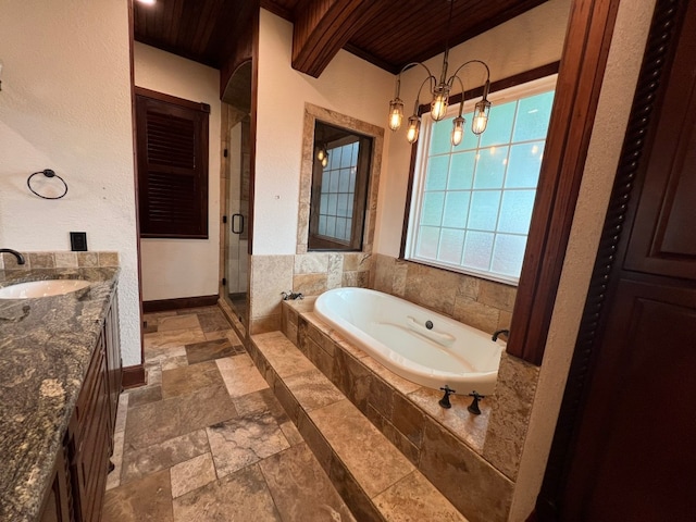 bathroom featuring tile flooring, wood ceiling, vanity, and independent shower and bath