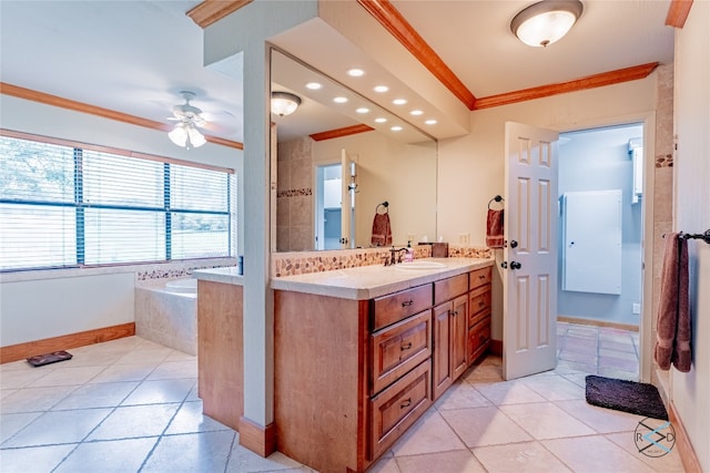 bathroom featuring ceiling fan, vanity, ornamental molding, a relaxing tiled bath, and tile flooring