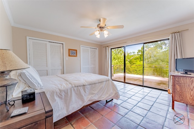 bedroom with light tile flooring, access to exterior, ornamental molding, and ceiling fan