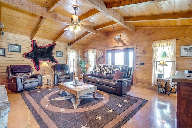 living room featuring ceiling fan, wooden ceiling, and vaulted ceiling with beams