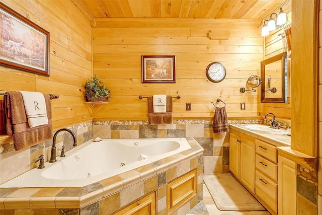 bathroom featuring wooden walls, wood ceiling, and vanity