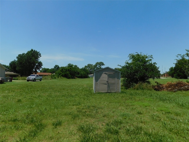 view of yard featuring a storage shed