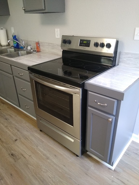 kitchen featuring stainless steel electric stove, sink, and light hardwood / wood-style flooring