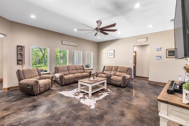 living room featuring ceiling fan