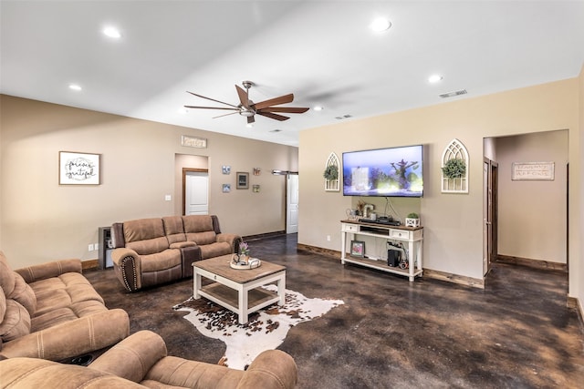 living room featuring ceiling fan