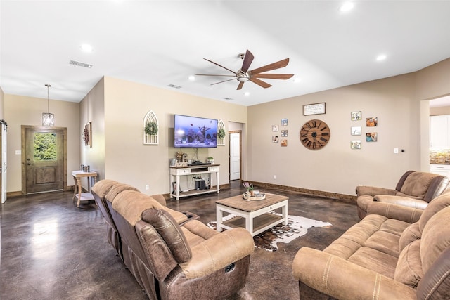 living room featuring ceiling fan