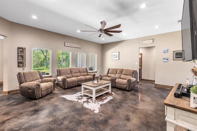 living room featuring ceiling fan