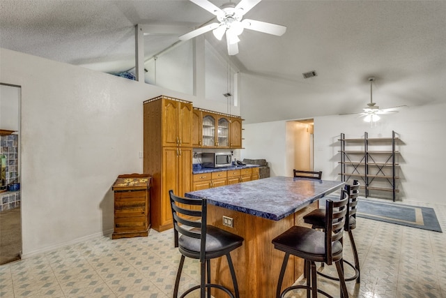 kitchen with a breakfast bar, vaulted ceiling, ceiling fan, and a textured ceiling