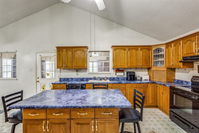 kitchen featuring black appliances, a kitchen bar, a center island, ceiling fan, and extractor fan