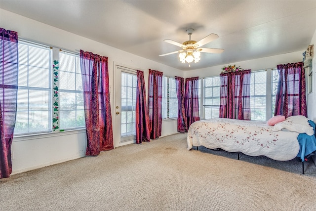 bedroom with ceiling fan, carpet, access to exterior, and multiple windows