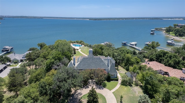 drone / aerial view with a water view