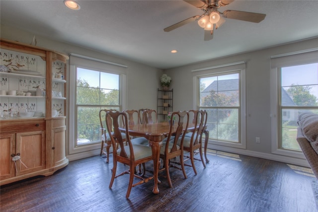 dining area with ceiling fan and dark wood-type flooring