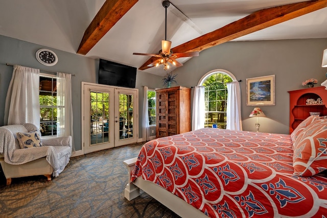 carpeted bedroom featuring high vaulted ceiling, ceiling fan, french doors, beamed ceiling, and access to outside