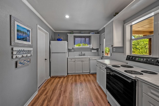 kitchen featuring a healthy amount of sunlight, light hardwood / wood-style floors, white appliances, and sink