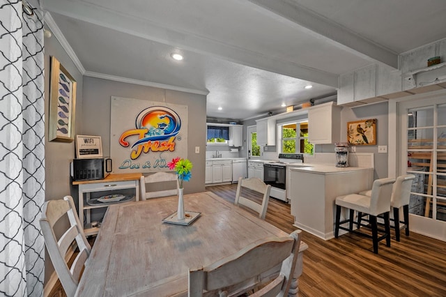 dining area featuring ornamental molding, sink, wood-type flooring, and beamed ceiling