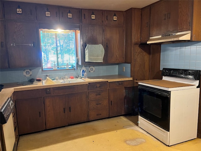 kitchen featuring white electric range, dishwashing machine, tasteful backsplash, and dark brown cabinetry