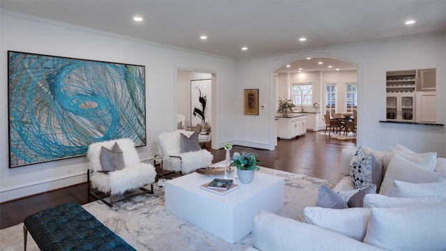 living room featuring crown molding and hardwood / wood-style flooring