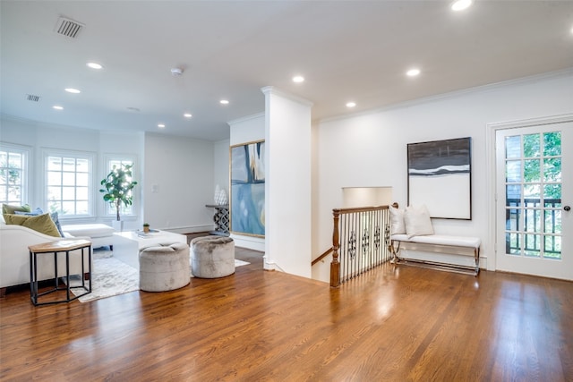 interior space with ornamental molding, plenty of natural light, and wood-type flooring