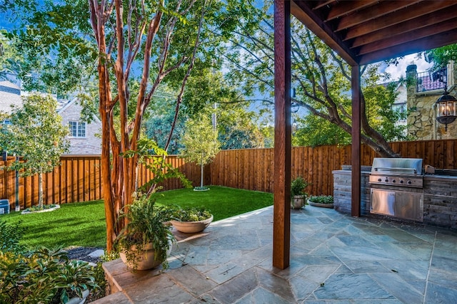 view of terrace with a grill and an outdoor kitchen