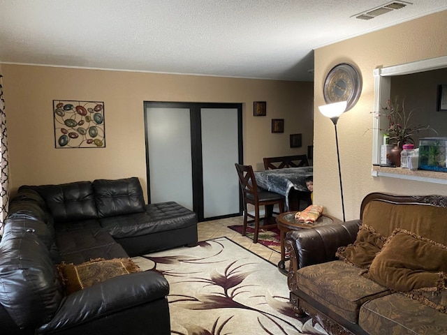 living room featuring a textured ceiling