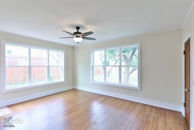 empty room featuring ceiling fan, ornamental molding, and light wood-type flooring