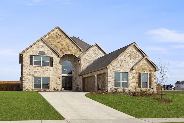 view of front of home with a garage, central AC, and a front lawn