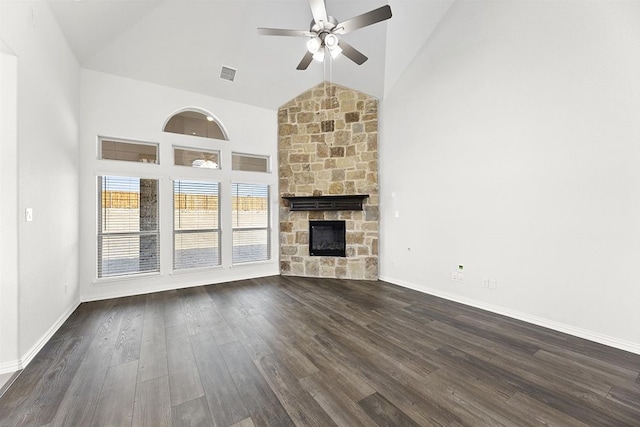 unfurnished living room featuring high vaulted ceiling, ceiling fan, a fireplace, and dark hardwood / wood-style floors