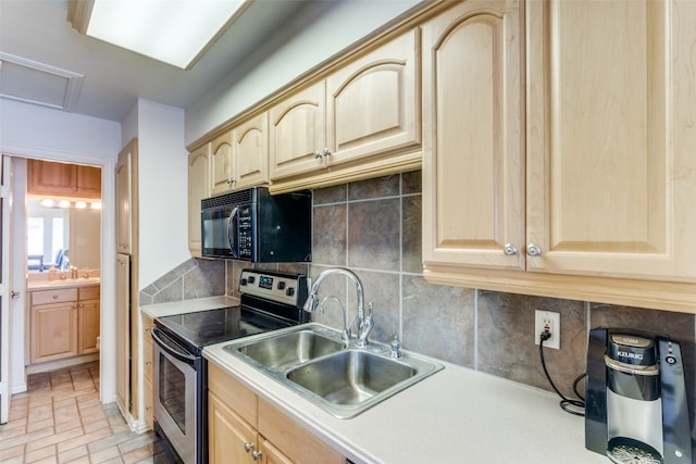 kitchen featuring light brown cabinets, stainless steel range with electric stovetop, backsplash, sink, and light tile flooring