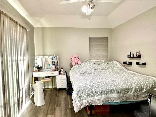 bedroom featuring a raised ceiling, ceiling fan, and dark hardwood / wood-style floors