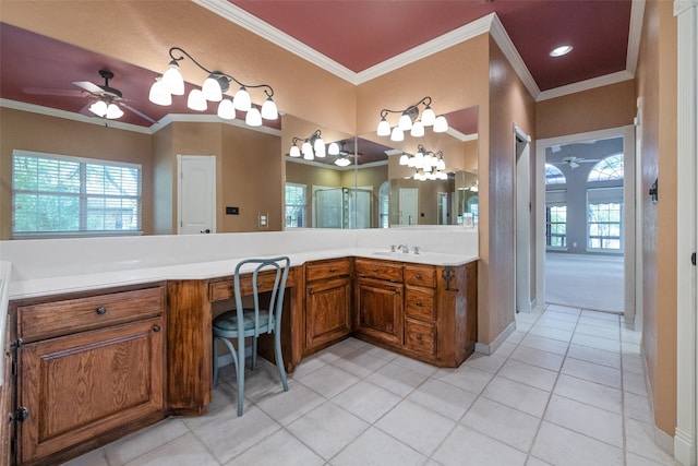 bathroom featuring ceiling fan, tile floors, vanity, and crown molding