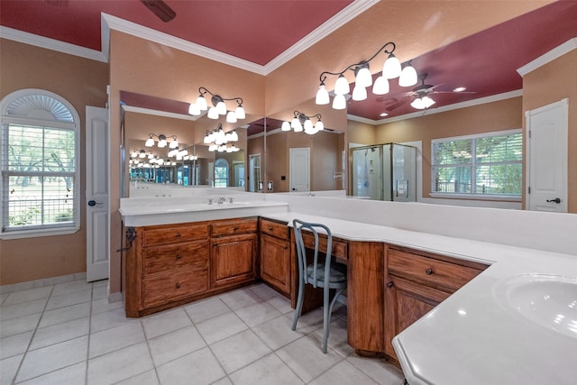 bathroom featuring tile floors, ceiling fan with notable chandelier, large vanity, and crown molding