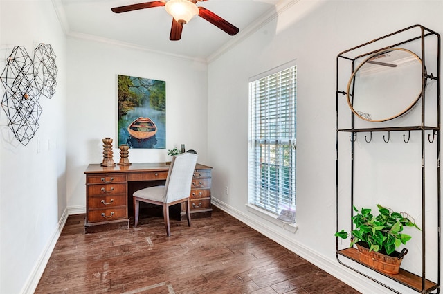 home office featuring ceiling fan, ornamental molding, and dark wood-type flooring