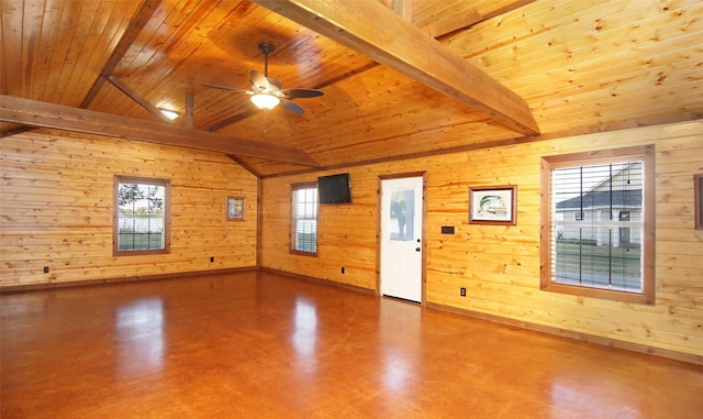 interior space with vaulted ceiling with beams, wooden walls, wooden ceiling, and ceiling fan