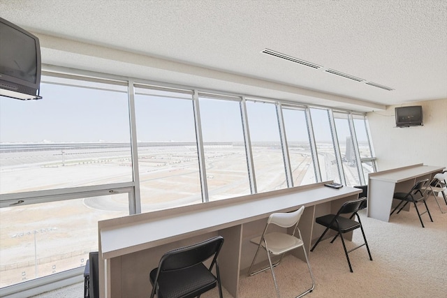 office area featuring light carpet and a textured ceiling