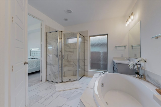 bathroom with shower with separate bathtub, tile floors, and vanity