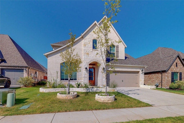 french country inspired facade featuring a front yard and a garage