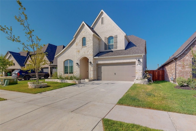 french provincial home featuring a front yard and a garage