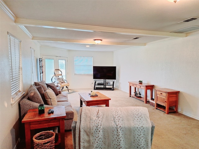 living room with french doors, carpet flooring, crown molding, and beamed ceiling