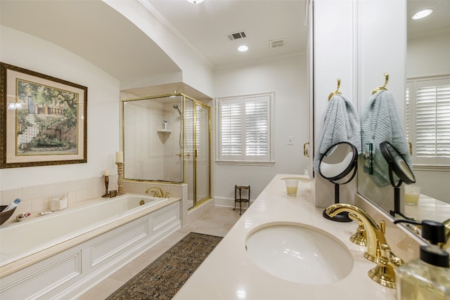 bathroom featuring independent shower and bath, dual bowl vanity, ornamental molding, and tile floors